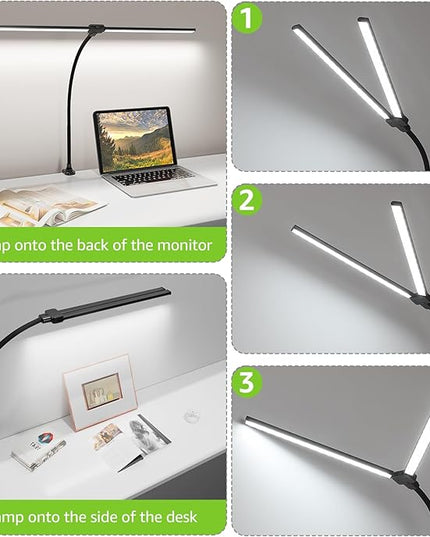 ShineTech LED Desk Lamp for Home Office, 3000K Warm White Double Head Architect Task Lamps with Clamp, Dimmable Adjustable Flexible Gooseneck, Black - LeafyLoom