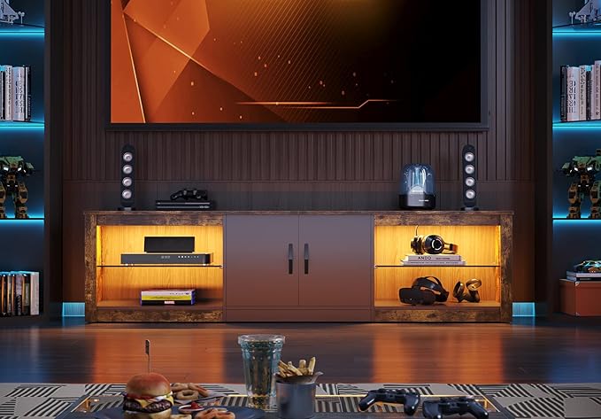 Bestier 70 Inch Led TV Stand for 75 Inch TV Large Entertainment Center Gaming with Adjustable Glass Shelves Two Cabinets Modern TV Console for Living Room 22 RGB Modes, Rustic Brown - LeafyLoom