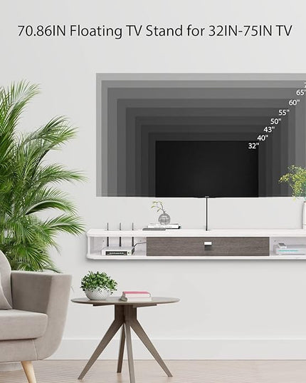Floating TV Unit, 71'' Wall Mounted TV Cabinet, Floating Shelves with Door, Modern Entertainment Media Console Center Large Storage TV Bench for Living Room & Office (70.86IN, Grey White) - LeafyLoom
