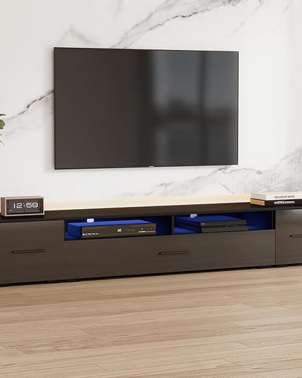 Merax Minimalist Style Extended LED TV Stand with Color Changing Lights, Modern Universal Entertainment Center High Gloss Cabinet for 90+ inch Televisions, 82.6 inch Length, Black - LeafyLoom