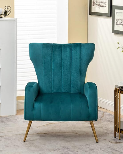 Armchair Modern Velvet Accent Chair, Channel Tufted Bedroom, Office or Living Room Furniture with Elegant Metal Legs, Blueish Green - LeafyLoom