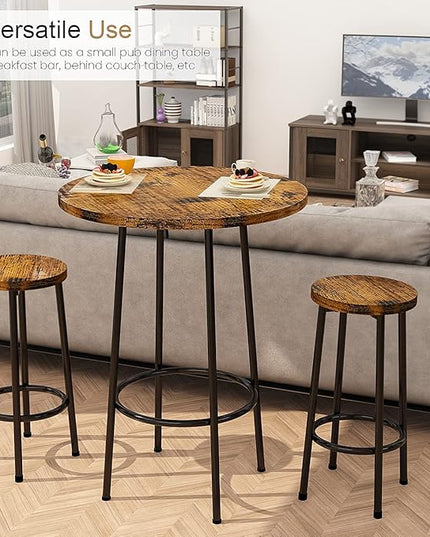 Recaceik 3 Piece Pub Dining Set, Modern Round bar Table and Stools for 2 Kitchen Counter Height Wood Top Bistro Easy Assemble for Breakfast Nook Living Room Small Space Restaurant, Rustic Brown 23 - LeafyLoom