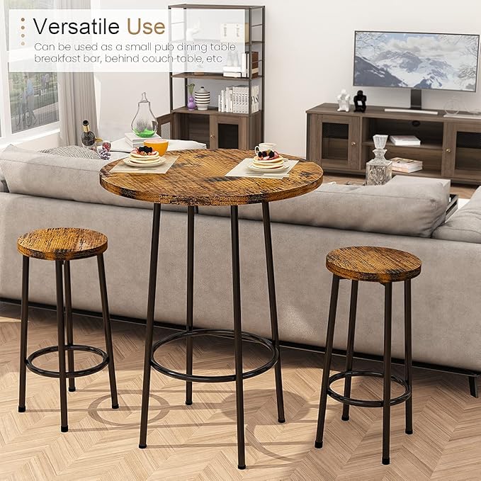 Recaceik 3 Piece Pub Dining Set, Modern Round bar Table and Stools for 2 Kitchen Counter Height Wood Top Bistro Easy Assemble for Breakfast Nook Living Room Small Space Restaurant, Rustic Brown 23 - LeafyLoom