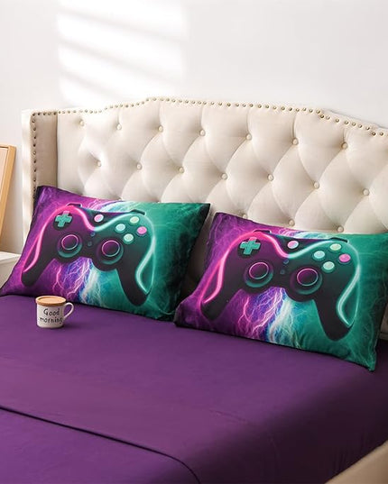 Meeting Story Gamer Gaming Bedding Sets Black Pink Lightnings Gamepad Comforter Set for Boys Games Console Action Buttons Novelty Colorful Modern Room Decor Home Quilt Set (Green-Purple, Twin 5Pcs) - LeafyLoom
