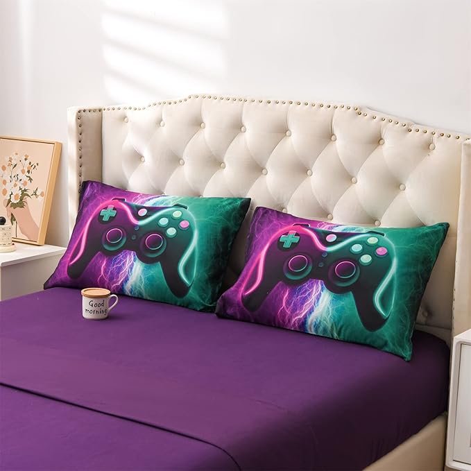Meeting Story Gamer Gaming Bedding Sets Black Pink Lightnings Gamepad Comforter Set for Boys Games Console Action Buttons Novelty Colorful Modern Room Decor Home Quilt Set (Green-Purple, Twin 5Pcs) - LeafyLoom