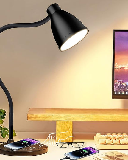 Desk Lamp with USB Charging Port Table Lamp Wireless Charger Dimmable Dorm Lamp 5 Colors 7 Brightness Levels Touch Bedside Table Lamps Gooseneck Reading Light for Home Office - LeafyLoom