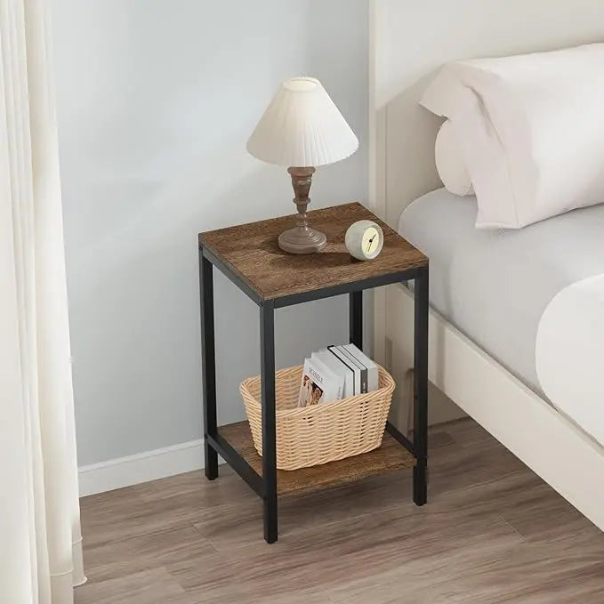 SAYGOER Wood End Tables Small Side Table with Storage Night Stand Metal Frames 2 Tier Bedside Table with Adjustable Feet, 1PCS, Walnut - LeafyLoom