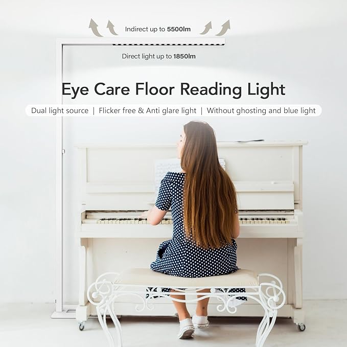 STERREN 77" LED Floor Lamp for Office, 7350LM Dimmable Eye-care Standing Piano Lamp,70W Tall Reading Light, 4000K Bright Lighting for Living Room - White - LeafyLoom