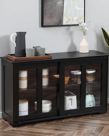 HOMCOM Sideboard Buffet Cabinet, Stackable Credenza, Coffee Bar Cabinet with Sliding Glass Door and Adjustable Shelf, Black - LeafyLoom