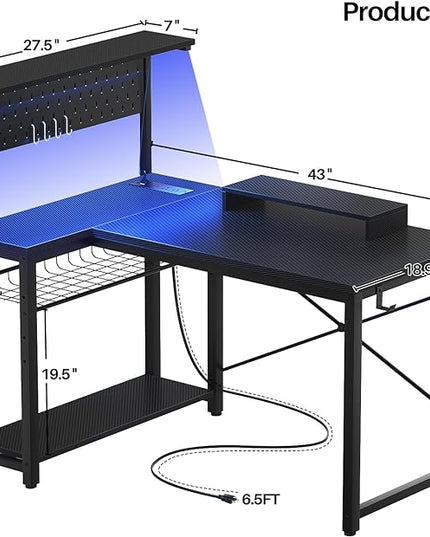 Homieasy Small Gaming Desk with Power Outlets Pegboard LED Light, 43 Inch L Shaped Computer Desk with Monitor Stand Storage Shelves, Reversible Corner Desk with Headset Hooks, Carbon Fiber Black - LeafyLoom
