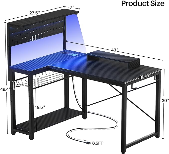 Homieasy Small Gaming Desk with Power Outlets Pegboard LED Light, 43 Inch L Shaped Computer Desk with Monitor Stand Storage Shelves, Reversible Corner Desk with Headset Hooks, Carbon Fiber Black - LeafyLoom
