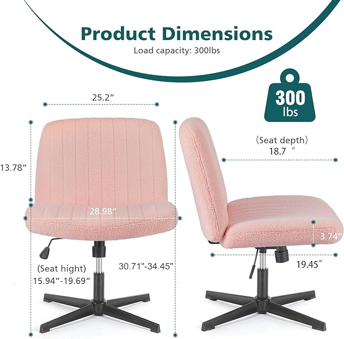 OLIXIS Cross Legged Armless Wide Adjustable Swivel Padded Home Office Desk Chair, Pink - LeafyLoom