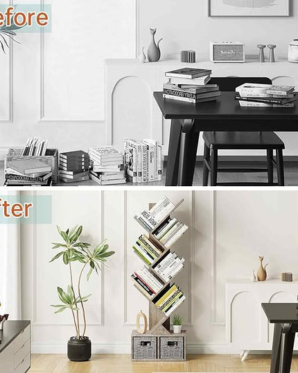 Vagusicc 6 Tier Tree Bookshelf - Retro Shelf Floor Standing Bookcase with Baskets, Tall Wood Book Storage Rack for Books/CDs, Tree Utility Book Organizer Shelves for Living Room, Home Office, Bedroom - LeafyLoom