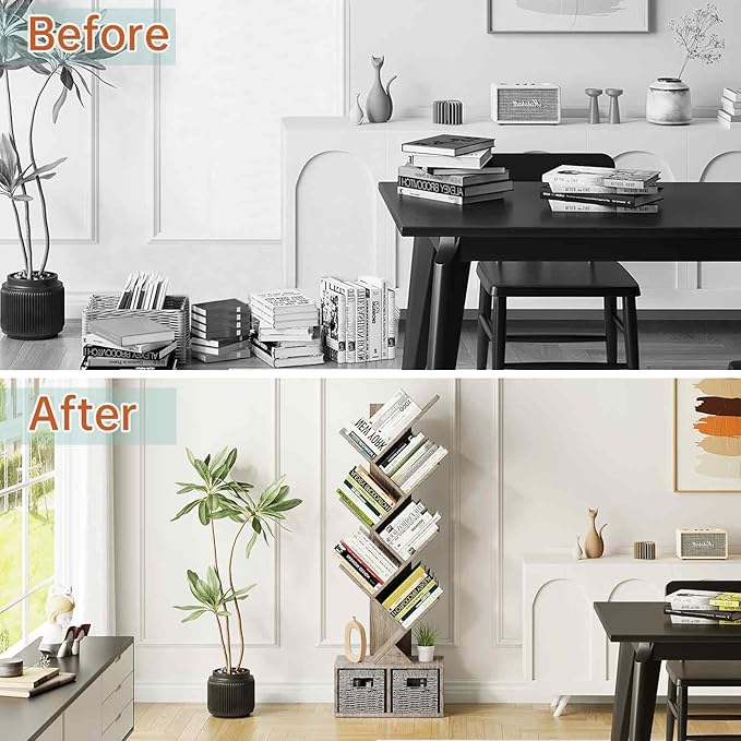 Vagusicc 6 Tier Tree Bookshelf - Retro Shelf Floor Standing Bookcase with Baskets, Tall Wood Book Storage Rack for Books/CDs, Tree Utility Book Organizer Shelves for Living Room, Home Office, Bedroom - LeafyLoom