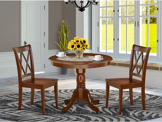 East West Furniture ANCL3-MAH-W Antique 3 Piece Dinette Set for Small Spaces Contains a Round Room Table with Pedestal and 2 Kitchen Dining Chairs, 36x36 Inch - LeafyLoom