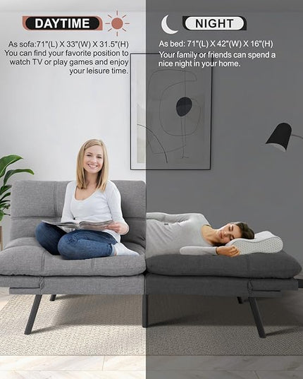 MUUEGM Futon Sofa Bed Convertible Memory Foam Sleeper Couch,Modern Loveseat for Living Room,Small Compact Space,Dorm,Office,Adjustable Armrests Backrest Sofabed, Linen Light Grey - LeafyLoom