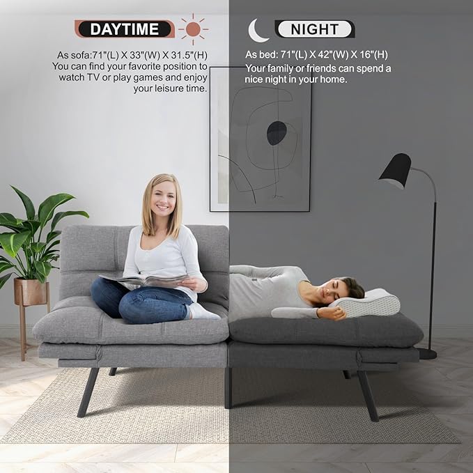 MUUEGM Futon Sofa Bed Convertible Memory Foam Sleeper Couch,Modern Loveseat for Living Room,Small Compact Space,Dorm,Office,Adjustable Armrests Backrest Sofabed, Linen Light Grey - LeafyLoom