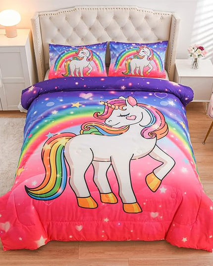 Aimuan Girls Unicorn Comforter Set 3 Pieces Pink Purple Bedding Set with Rainbow Star Galaxy Stars Fantasy Children Room Decor Soft Reversible Bed Sets for Boys/Girls/Teens (Pink-Purple Twin3Pcs) - LeafyLoom