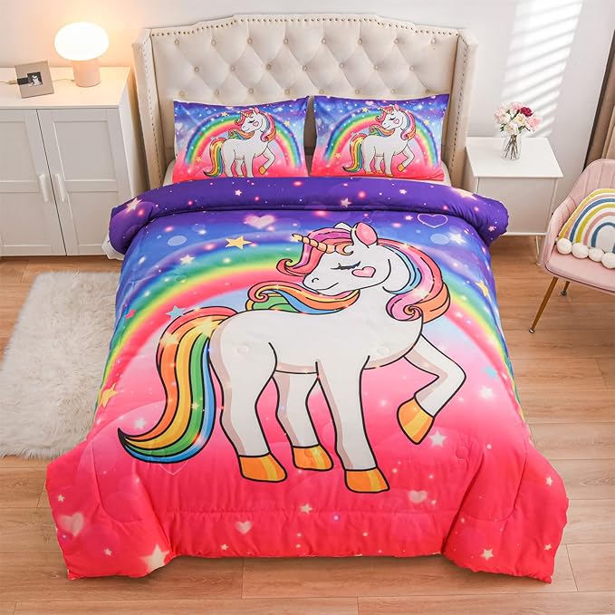 Aimuan Girls Unicorn Comforter Set 3 Pieces Pink Purple Bedding Set with Rainbow Star Galaxy Stars Fantasy Children Room Decor Soft Reversible Bed Sets for Boys/Girls/Teens (Pink-Purple Twin3Pcs) - LeafyLoom