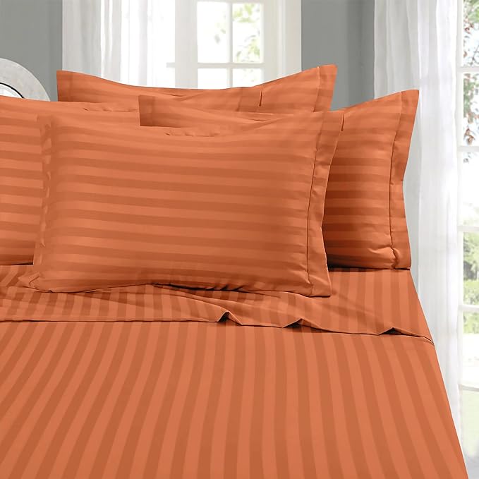 Elegant Comfort Softest and Coziest 6-Piece Sheet Set - 1500 Premium Hotel Quality Microfiber - Deep Pocket, Wrinkle Resistant 6-Piece Damask Stripe Bed Sheet Set, Full, Coral - LeafyLoom