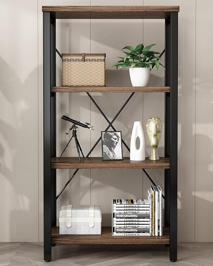 4 Tier Bookshelf, Solid Wood Bookcase Shelf Storage Organizer, Vintage Storage Rack with Open Shelves Rustic Standing Bookshelves for Living Room,Bedroom Rustic Brown(AY01-4tier) - LeafyLoom