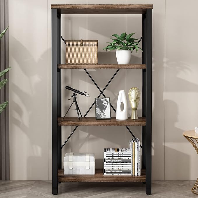 4 Tier Bookshelf, Solid Wood Bookcase Shelf Storage Organizer, Vintage Storage Rack with Open Shelves Rustic Standing Bookshelves for Living Room,Bedroom Rustic Brown(AY01-4tier) - LeafyLoom