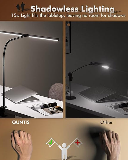 Quntis Double Head LED Tall Desk Lamp for Home Office, 31.5-inch Foldable Computer Desk Light with Clamp, Dimmable Dual Monitor Light Bar for Curved Screen Architect Drafting Design - 32 Modes - LeafyLoom
