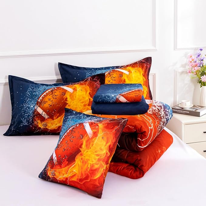 NTBED American Football Comforter Set for Boys Teens,3D Sports Bedding Full Size 6pcs,Rugby Printed Quilt Sets with 2 Matching Pillow Shams - LeafyLoom