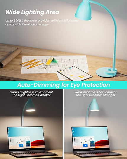 BOHON LED Desk Lamp with USB Charging Port, 3 Color Modes Fully Dimmable Reading Lamp, Auto Dimming Task Lamp, Flexible Gooseneck Table Light for Office Dorm Bedside, Adapter Include, Teal - LeafyLoom