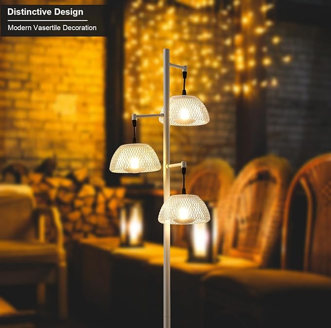 3 Lights White Floor Lamp for Living Room with 3 Metal Lampshade and LED Bulbs, Modern Tree Standing Lamp, Farmhouse Tall Lamp for Living Room, Bedroom, Office - LeafyLoom