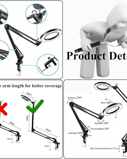 Desk Lamp with Magnifier and 3 Color Modes, 8X Magnification Table Lamp with Flexible Gooseneck and 3 Brightness Levels for Reading, Studying and Crafting - LeafyLoom