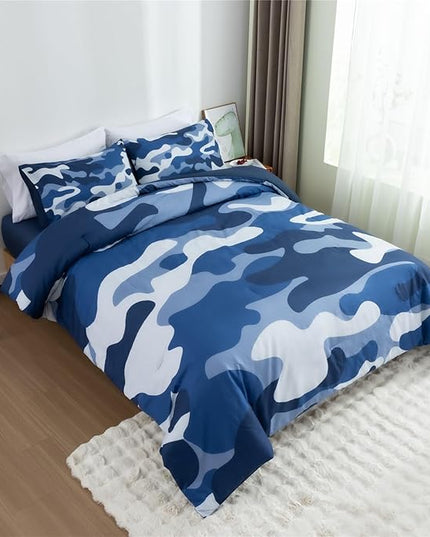 Meeting Story Camouflage Bedding Set, Colorful Pattern Style Comforter Set, 3 PCS One Comforter Two Pillowcases Two Sheets in One Bag, All Season Bedspread for Teens Adults (Navy,King - LeafyLoom
