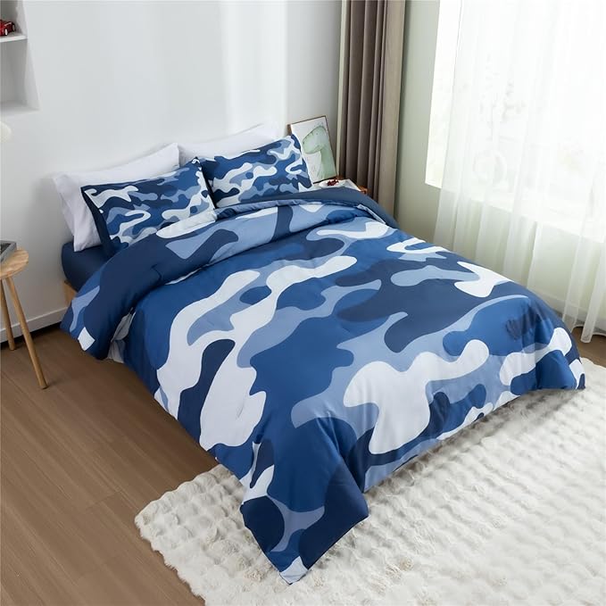 Meeting Story Camouflage Bedding Set, Colorful Pattern Style Comforter Set, 3 PCS One Comforter Two Pillowcases Two Sheets in One Bag, All Season Bedspread for Teens Adults (Navy,King - LeafyLoom