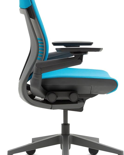 Steelcase Gesture Office Chair - Ebony Elmosoft Leather, Low Seat Height, Wrapped Back, Dark on Dark Frame, Lumbar Support - LeafyLoom