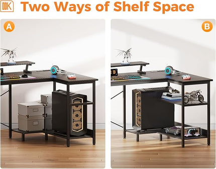 ODK 40 Inch Gaming Desk with USB Power Outlets and LED Lights, Reversible L Shaped Computer Desk with Storage Shelves & Monitor Stand, Corner Home Office Desk Table, Carbon Fiber Surface, Black - LeafyLoom