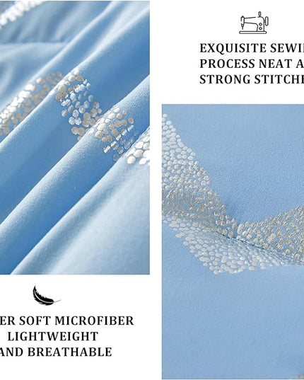 Blue/Silver Comforter Set Twin, Metallic Print Glitter Bedding Set Cute Shinny Bed Sets for Teen Girls Kids Women, 3 Piece (1 Pillowcase, 1 Decorative Pillow Sham) - LeafyLoom