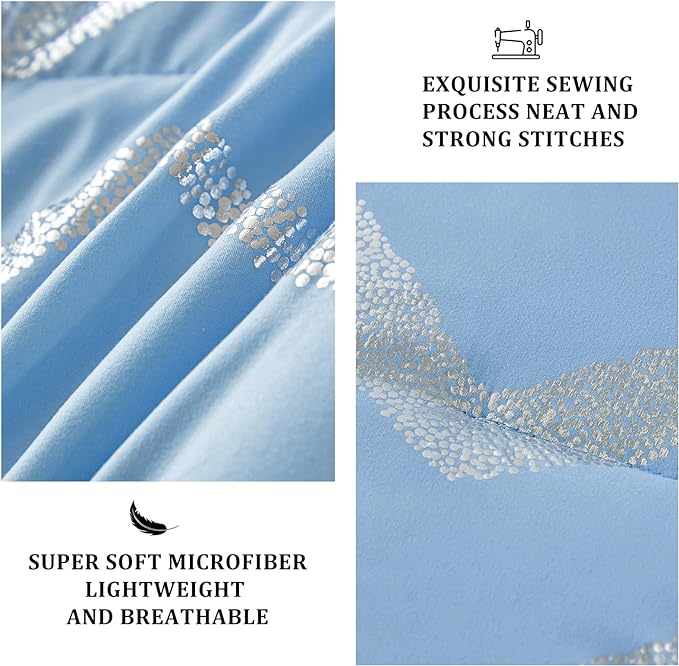 Blue/Silver Comforter Set Twin, Metallic Print Glitter Bedding Set Cute Shinny Bed Sets for Teen Girls Kids Women, 3 Piece (1 Pillowcase, 1 Decorative Pillow Sham) - LeafyLoom