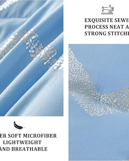 Blue/Silver Comforter Set Queen, Metallic Print Glitter Bedding Set Cute Shinny Bed Sets for Teen Girls Kids Women, 4 Piece (2 Pillowcases, 1 Decorative Pillow Sham) - LeafyLoom