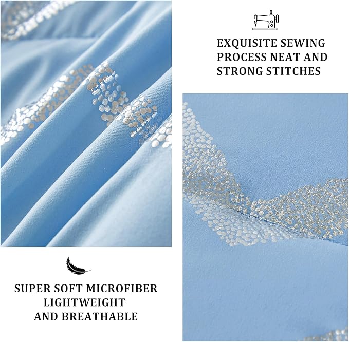 Blue/Silver Comforter Set Queen, Metallic Print Glitter Bedding Set Cute Shinny Bed Sets for Teen Girls Kids Women, 4 Piece (2 Pillowcases, 1 Decorative Pillow Sham) - LeafyLoom