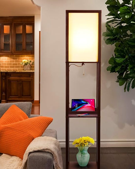 Brightech Maxwell – Modern Shelf Floor Lamp with USB Ports, Wireless Charging & Outlet – Versatile Corner Display and Lamp with Shelves, Storage Solution for Living Room, Office, Bedroom - LeafyLoom