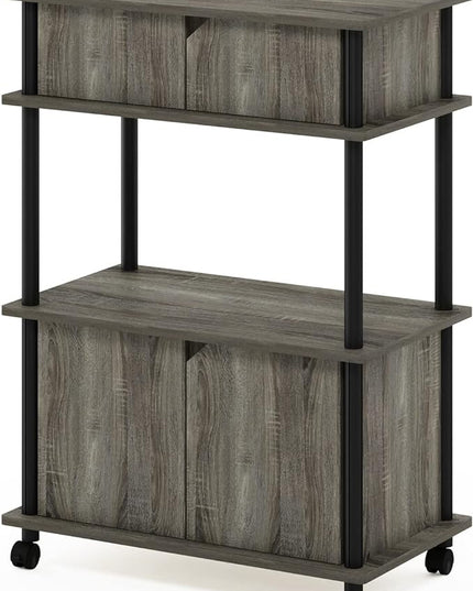 Furinno Turn-N-Tube Kitchen Storage Cart with Cabinet and Lockable Wheels, French Oak Grey/Black - LeafyLoom