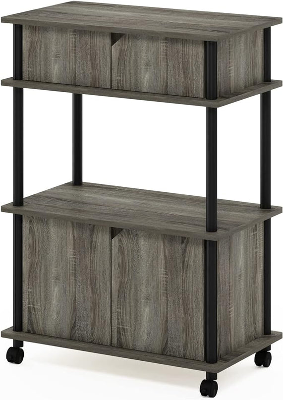 Furinno Turn-N-Tube Kitchen Storage Cart with Cabinet and Lockable Wheels, French Oak Grey/Black - LeafyLoom