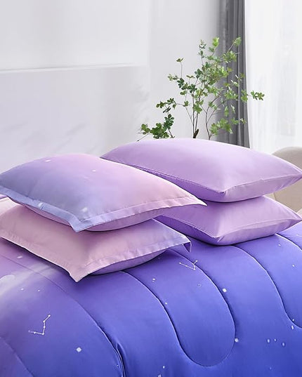 Dinjoy Girls Comforter Set Full Size Colorful Rainbow Ombre Purple Lavender Pink Bedding Set Gradient 7 Pieces Bed in A Bag for Kids Teen Girl Women(1 Comforter, 1 Flat Sheet, 1 Fitted Sheet) - LeafyLoom