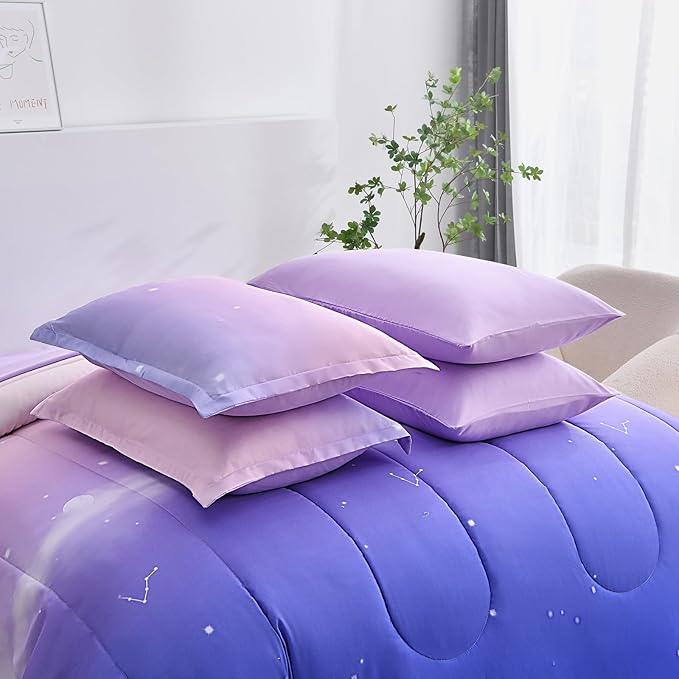 Dinjoy Girls Comforter Set Twin Size Colorful Rainbow Ombre Purple Lavender Pink Bedding Set Gradient 6 Pieces Bed in A Bag for Kids Teen Girl Women(1 Comforter, 1 Flat Sheet, 1 Fitted Sheet) - LeafyLoom