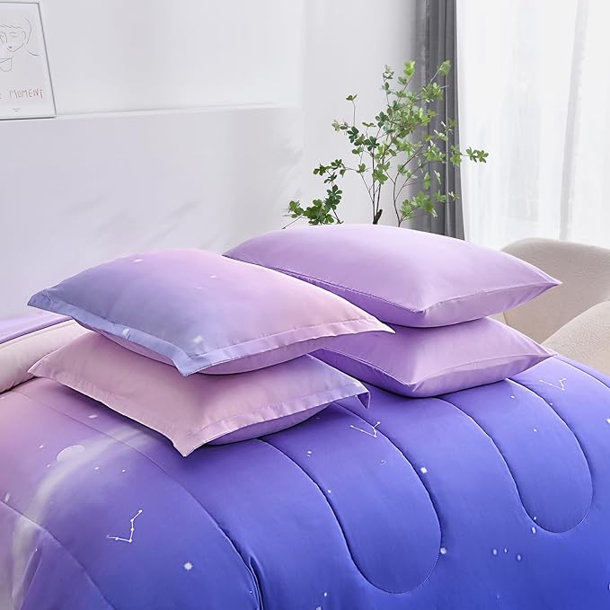 Dinjoy Girls Comforter Set King Size Rainbow Ombre Purple Lavender Pink Bedding Set Gradient 6 Pieces Bed in A Bag for Kids Teen Girl Women(1 Comforter, 1 Flat Sheet, 1 Fitted Sheet) - LeafyLoom