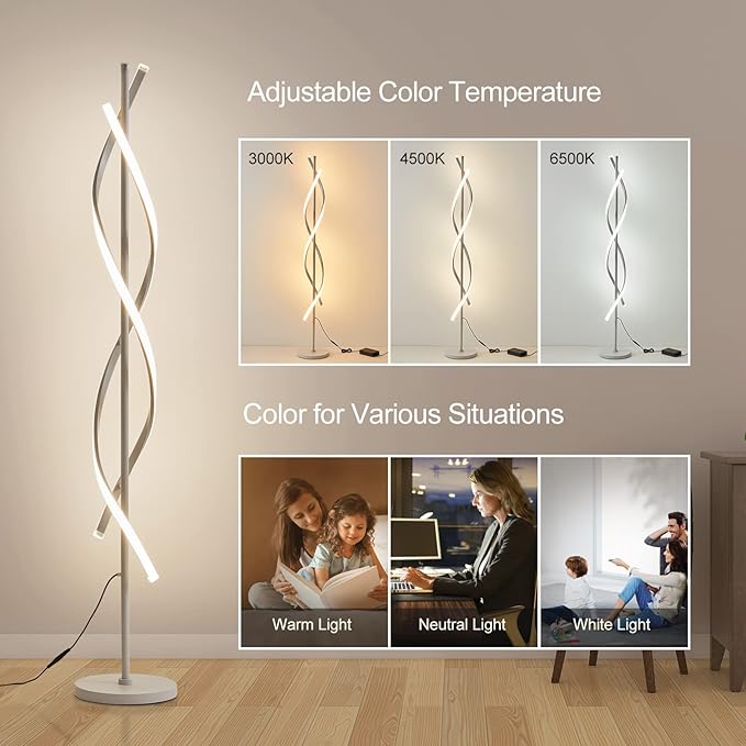 LED Floor Lamps for Living Room,Spiral Modern Floor Lamp with Remote Control 60 Inch Dimmable White Floor Lamp 48W Standing Lamp with Timer 3 Color Temperature Corner Floor Lamp for Bedroom - LeafyLoom