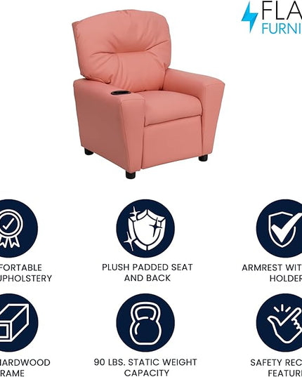 Flash Furniture Chandler Vinyl Kids Recliner with Cup Holder and Safety Recline, Contemporary Reclining Chair for Kids, Supports up to 90 lbs., Pink - LeafyLoom
