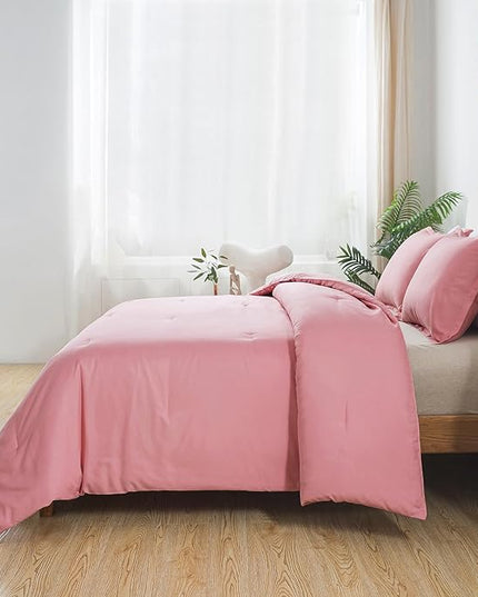 Pink Comforter Set Twin Size, Solid Blush Women Girls Pink Down Alternative Boho Bedding Comforter Set, Breathable Fluffy Microfiber Comforter (68"x90") for All Seasons with Pillowcase - LeafyLoom