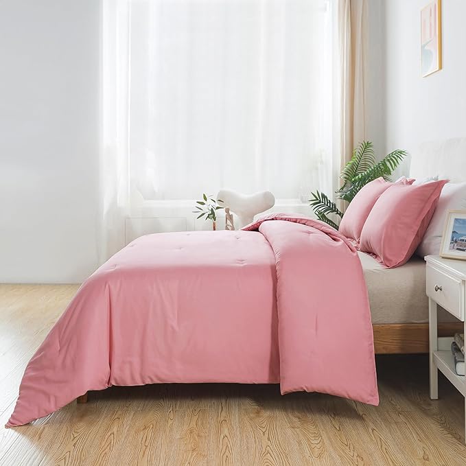 Pink Comforter Set Twin Size, Solid Blush Women Girls Pink Down Alternative Boho Bedding Comforter Set, Breathable Fluffy Microfiber Comforter (68"x90") for All Seasons with Pillowcase - LeafyLoom