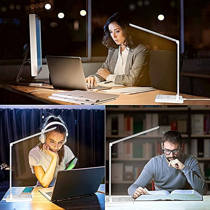 LED Desk Lamp Dimmable Table Lamp Reading Lamp with USB Charging Port, 5 Lighting Modes, Sensitive Control, 30/60 Minutes Auto-Off Timer, Eye-Caring Office Lamp (White) - LeafyLoom
